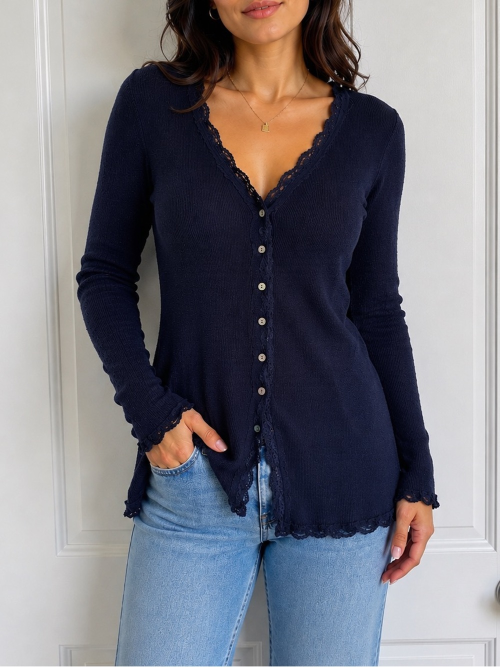 Esprit Collection Y2K Navy Ribbed Lace-Trim Fitted Cardigan
